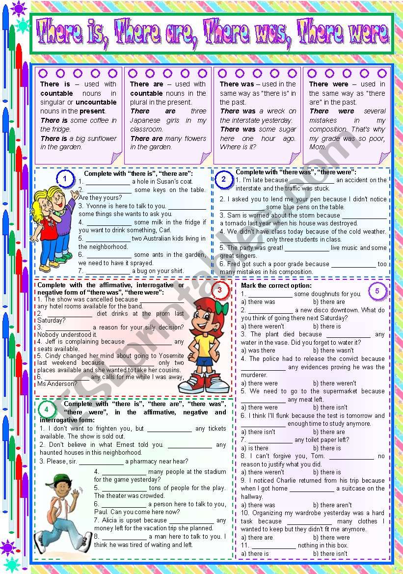 There is, There are, There was, There were  rules, examples and exercises [5 tasks] KEYS INCLUDED ((2 pages)) ***editable